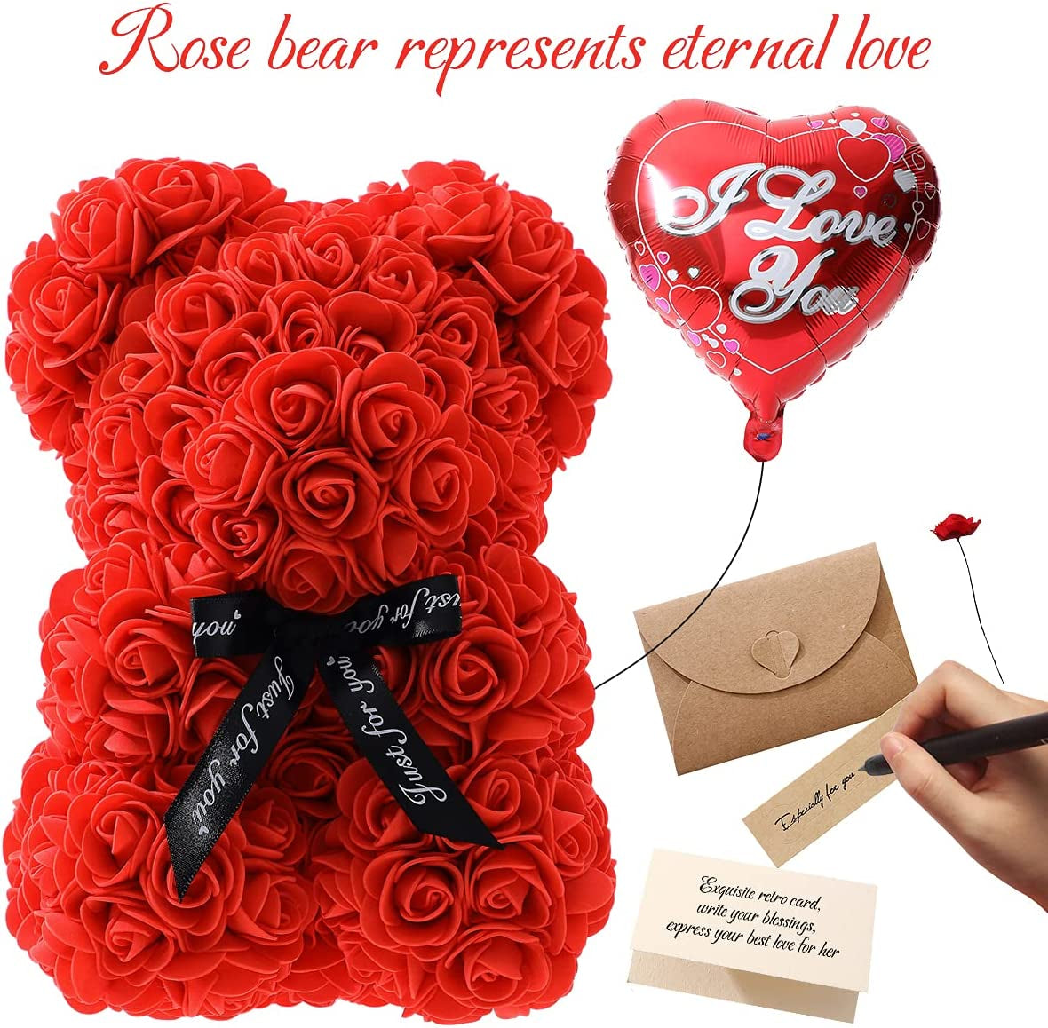 Gifts for Women - Rose Flower Bear - Rose Bear,Pure Handmade Rose Teddy Bear,Gift for Mothers Day,Valentines Day, Anniversary and Bridal Showers,W/Clear Gift Box and Greeting Card (Red)